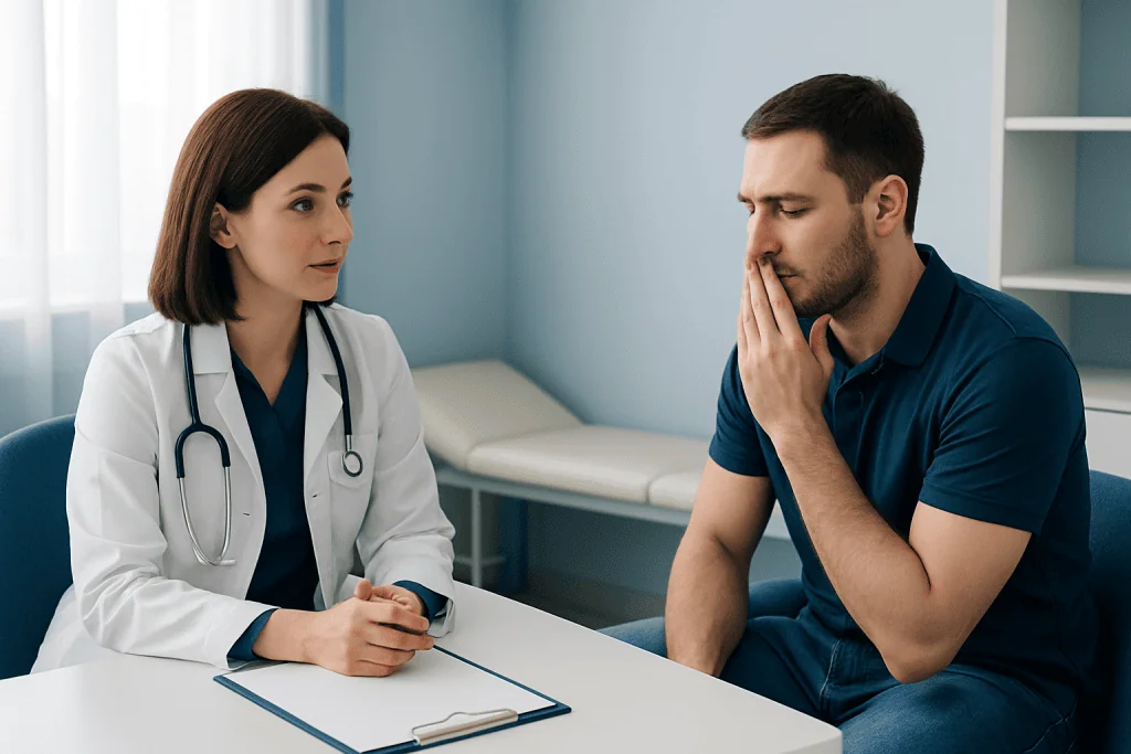 Doctor consulting with patient in a medical office setting.