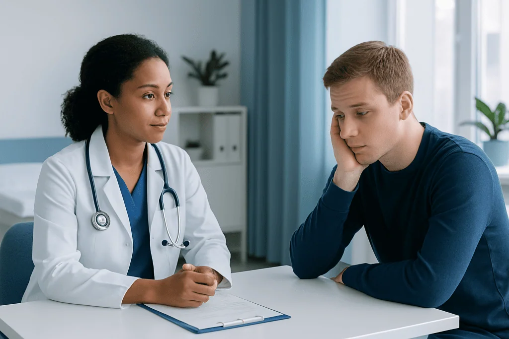 Doctor consulting with a young male patient in a medical office.