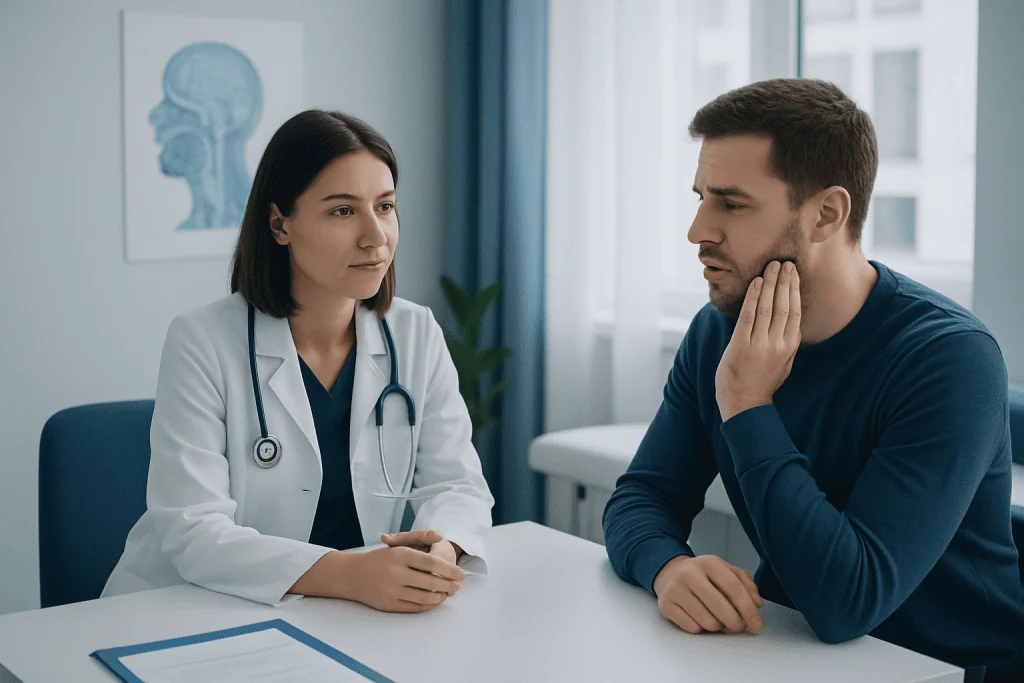 Doctor consulting with male patient about oral health concerns.