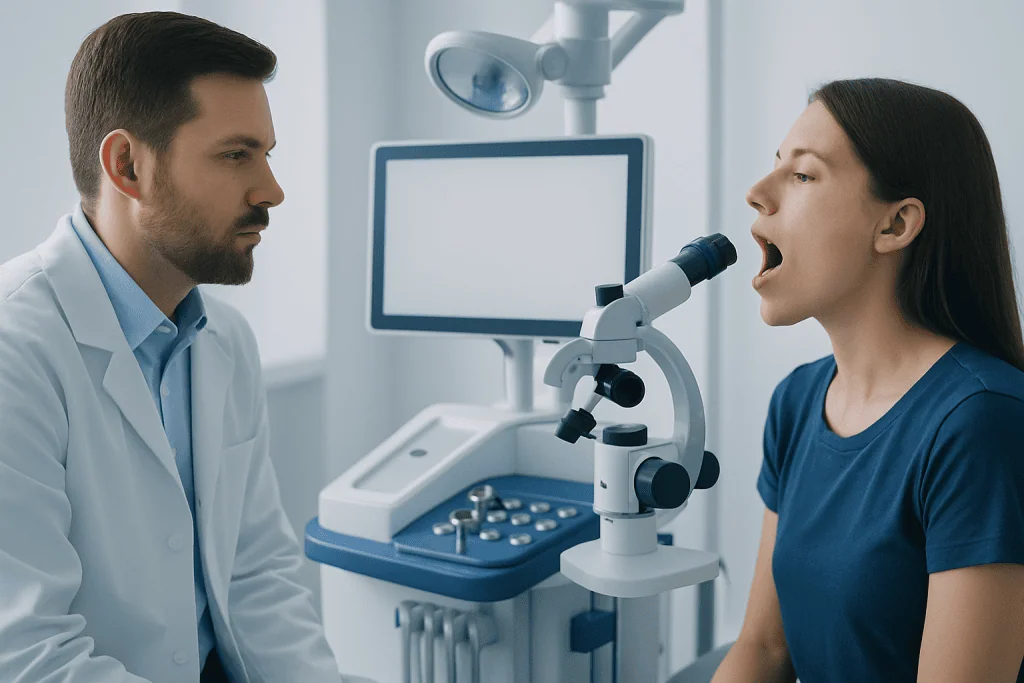 Doctor examining patient's throat with a microscope in a clinical setting.
