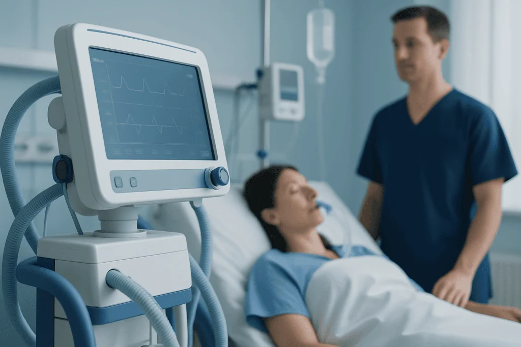 Hospital patient monitor in ICU with patient and nurse in background.