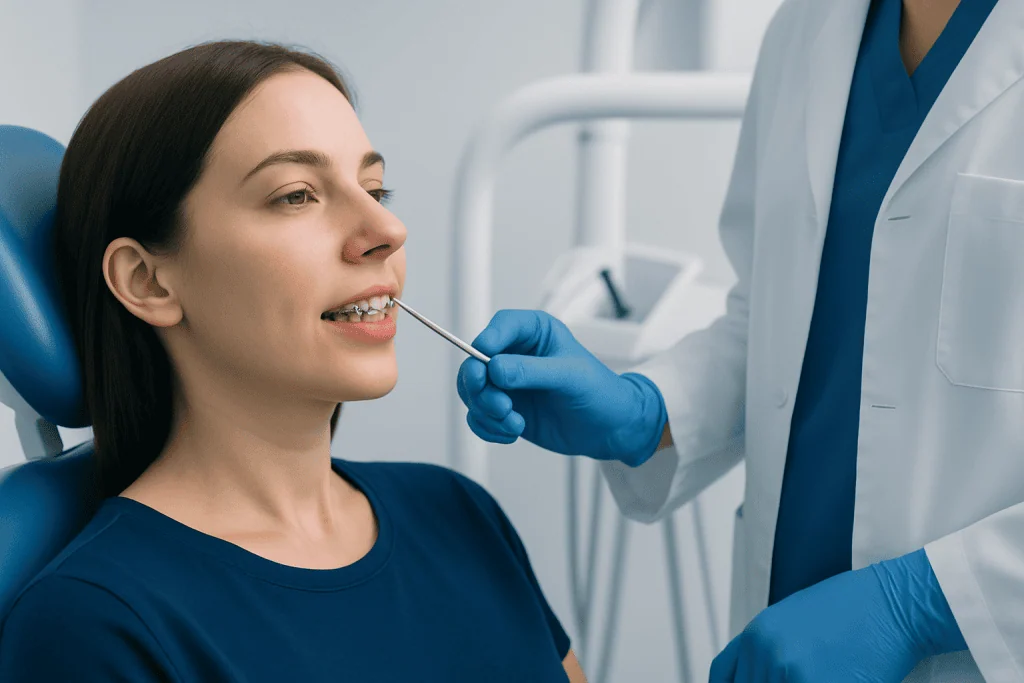 Dentist examining patient's mouth with dental mirror and tools at clinic.