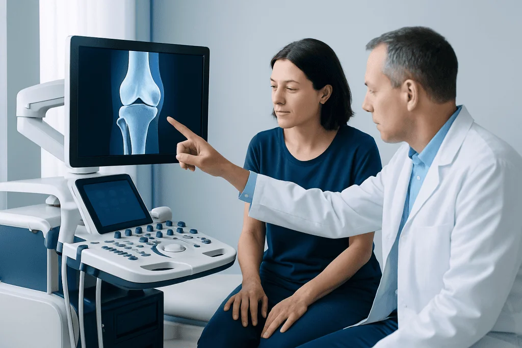 Doctor explaining knee X-ray to patient in medical consultation room.