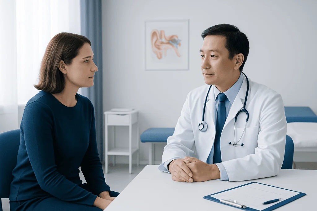 ENT specialist consulting patient about ear health in clinic.