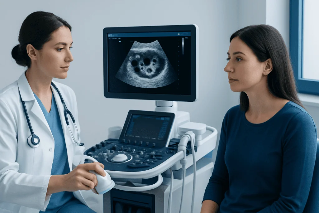 Doctor performing an ultrasound scan on a patient for ovarian examination.