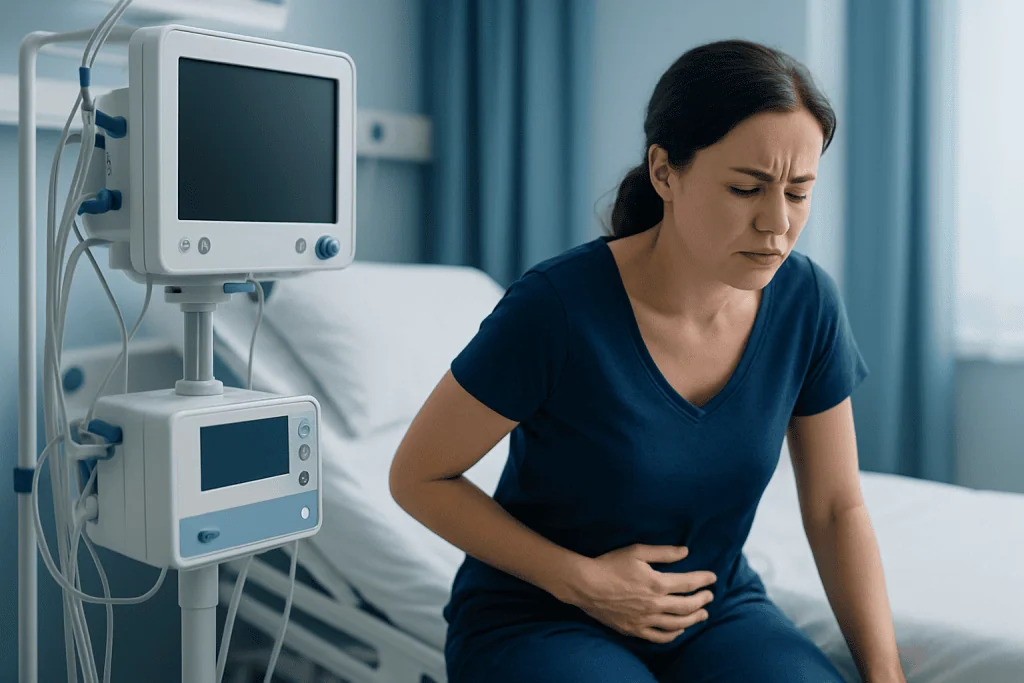 Woman experiencing abdominal pain in hospital room with medical monitors.