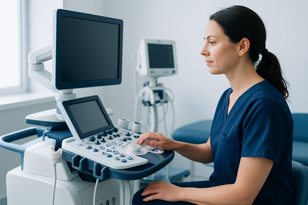 Medical professional operating ultrasound equipment in a hospital setting.