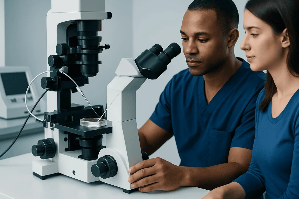 Medical researchers examining samples with a microscope in a laboratory setting.