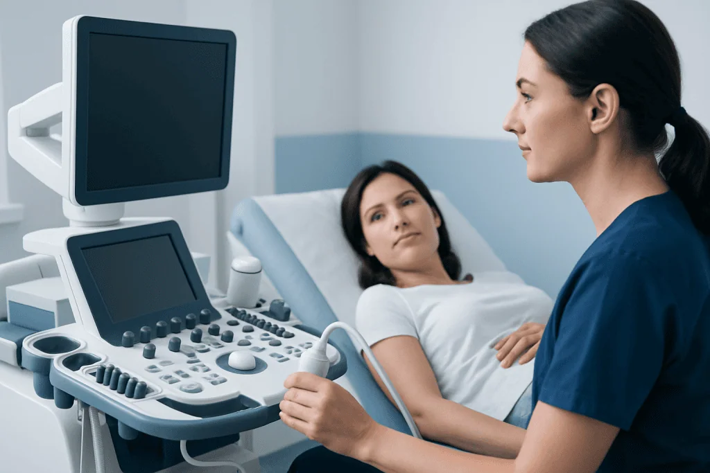 Medical ultrasound examination in a hospital setting with a patient and healthcare professional.