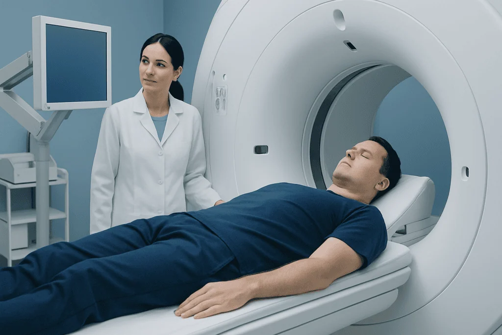 Patient undergoing MRI scan at Acibadem Hospital for diagnostic imaging.