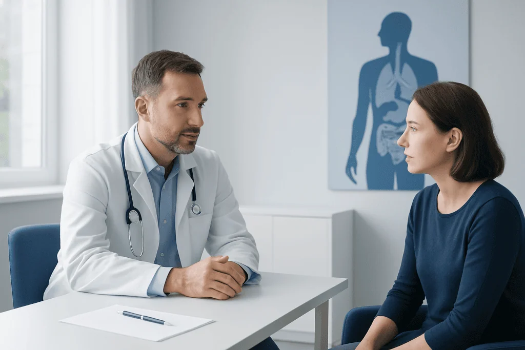 Doctor consulting with a patient in a medical office with anatomy diagram in background.