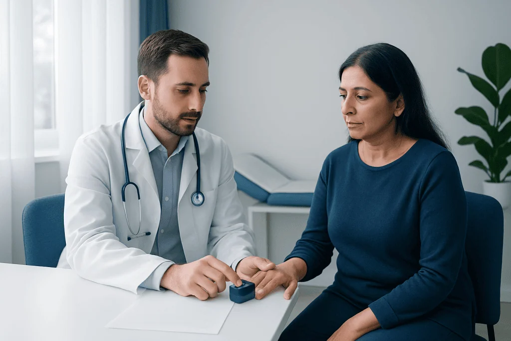 Doctor checking patient's pulse with a pulse oximeter in a clinical setting.
