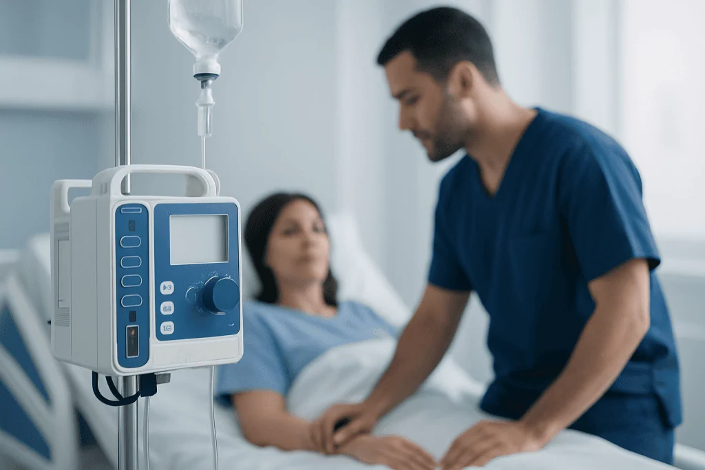 Nurse attending to patient in hospital room with IV drip and medical monitor.