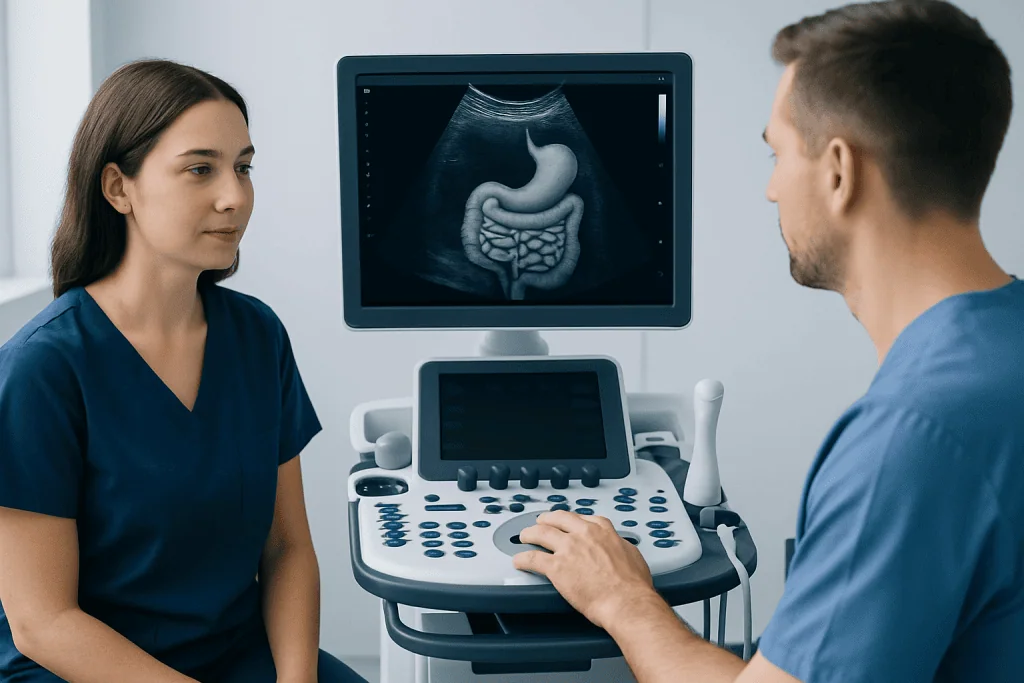 Medical consultation with ultrasound imaging of the abdomen and digestive system.
