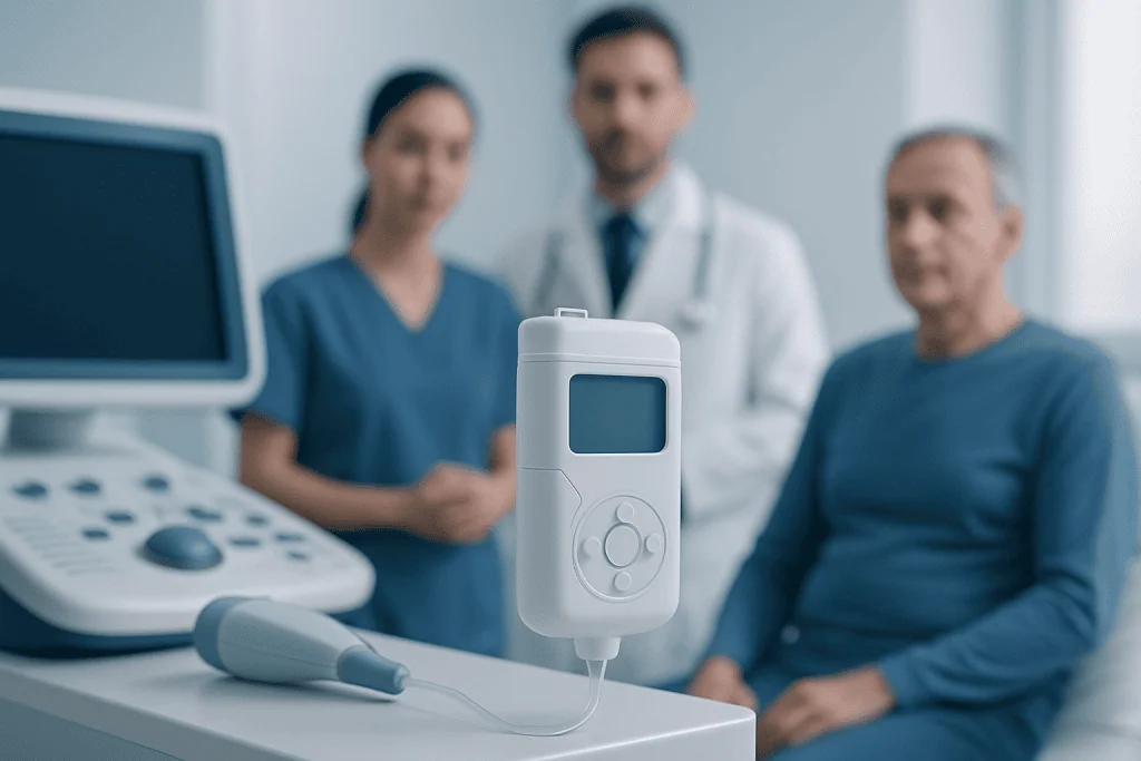 Medical device in a hospital setting with healthcare professionals in background.