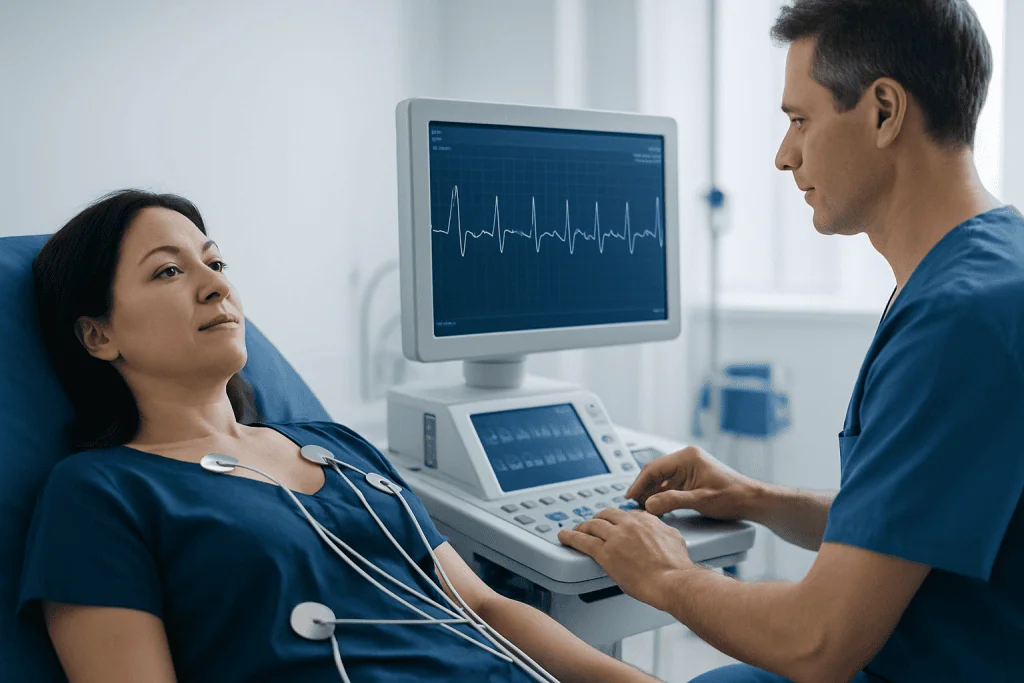 Doctor monitoring patient's heart with ECG in hospital setting.