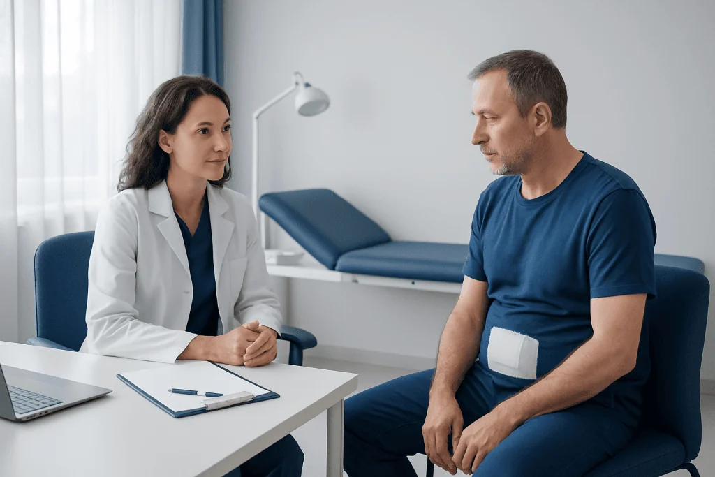 Doctor consulting male patient in a medical office setting.