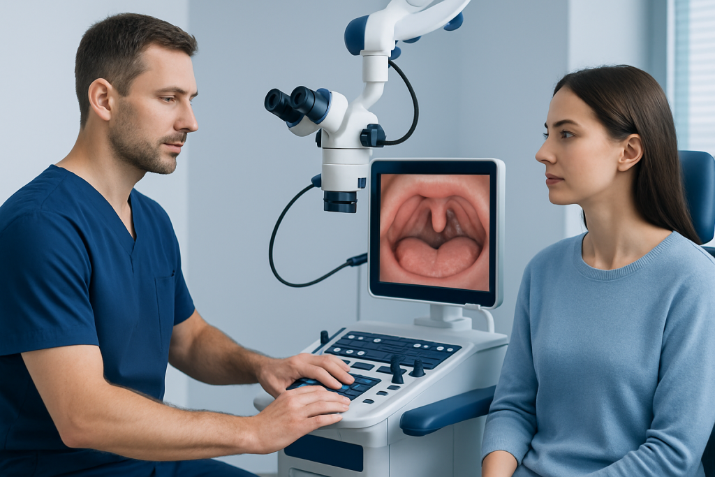 Doctor examining patient's throat with endoscopy equipment at Acibadem Hospital.