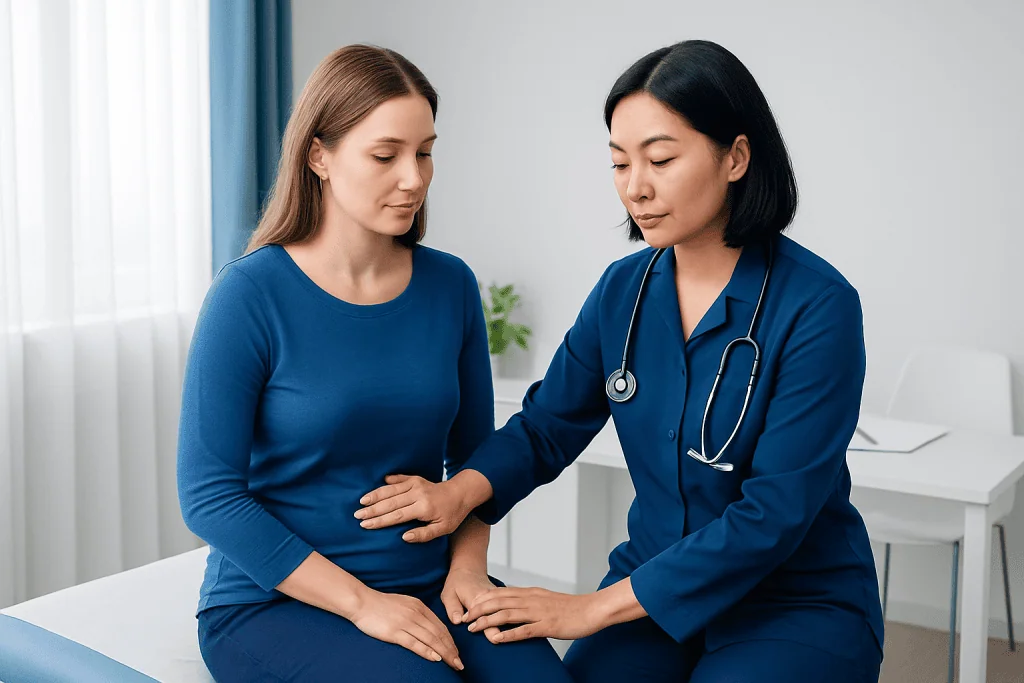 Doctor examining a patient's abdomen in a clinical setting.