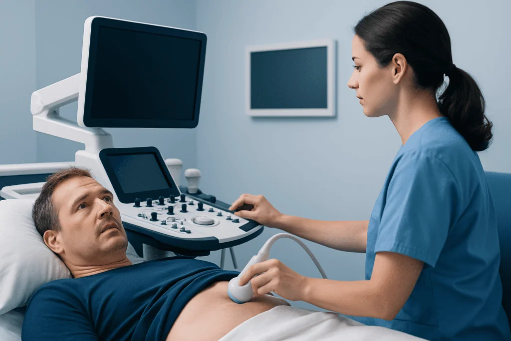 Medical professional performing an ultrasound on a male patient in a hospital room.