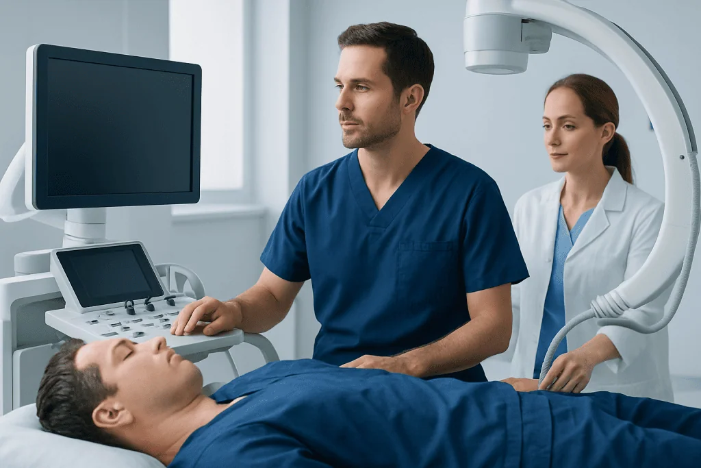 Medical professionals perform an ultrasound examination on a patient in a hospital.