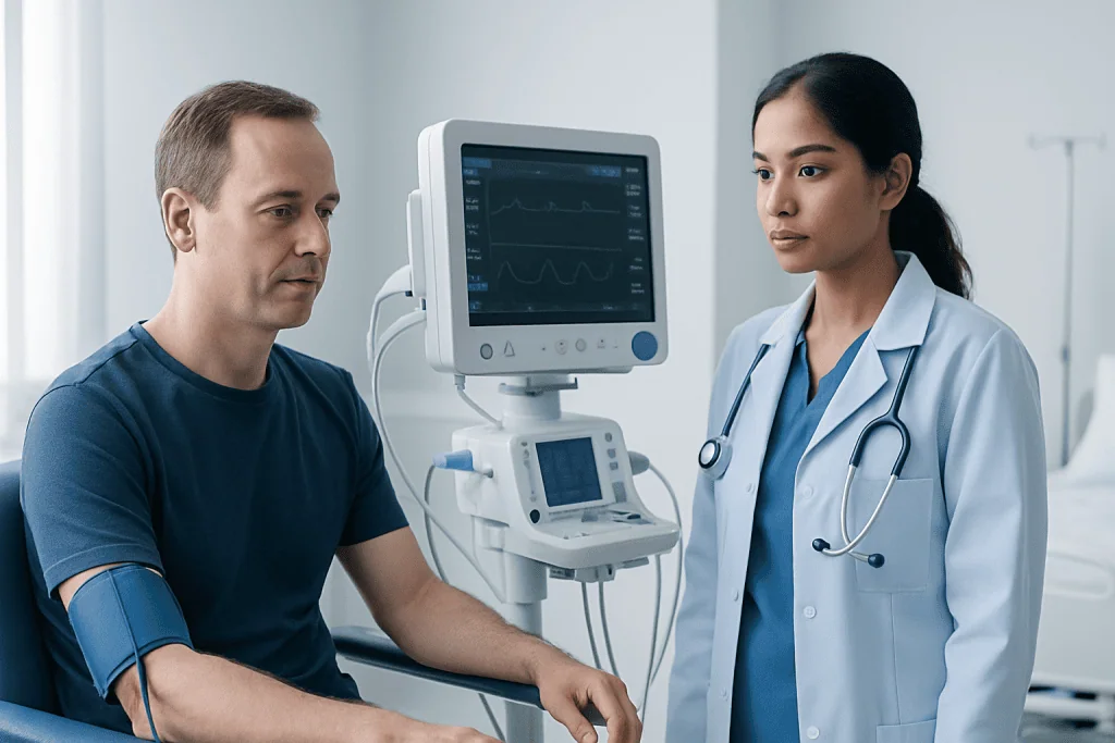 Doctor monitoring patient with medical equipment in hospital.
