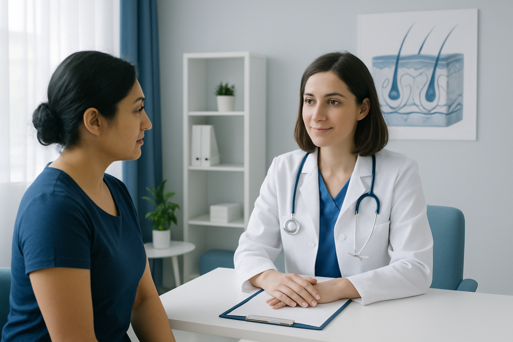 Doctor consulting with patient in a modern medical office.