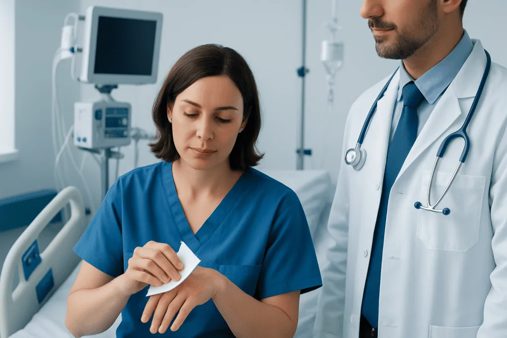 Doctor and nurse in hospital room with medical equipment.