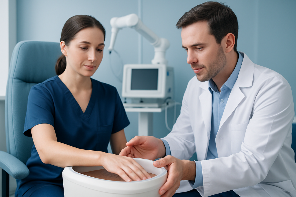 Doctor applying paraffin wax treatment to patient's hand in medical clinic.