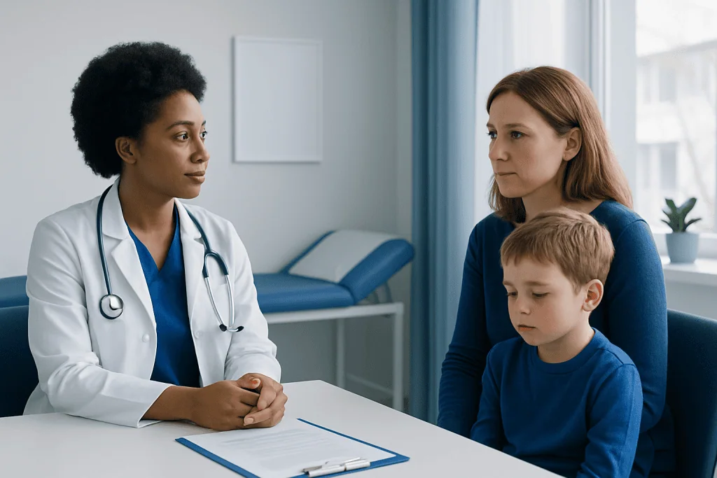 Doctor consulting with a mother and child in a medical office.