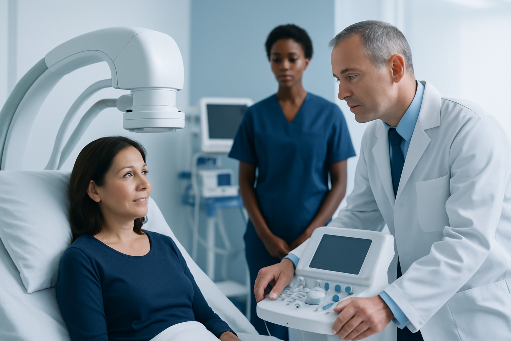 Doctor consulting patient in hospital room with medical equipment.