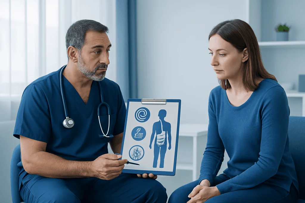 Doctor explaining parasitism to patient with medical diagram.