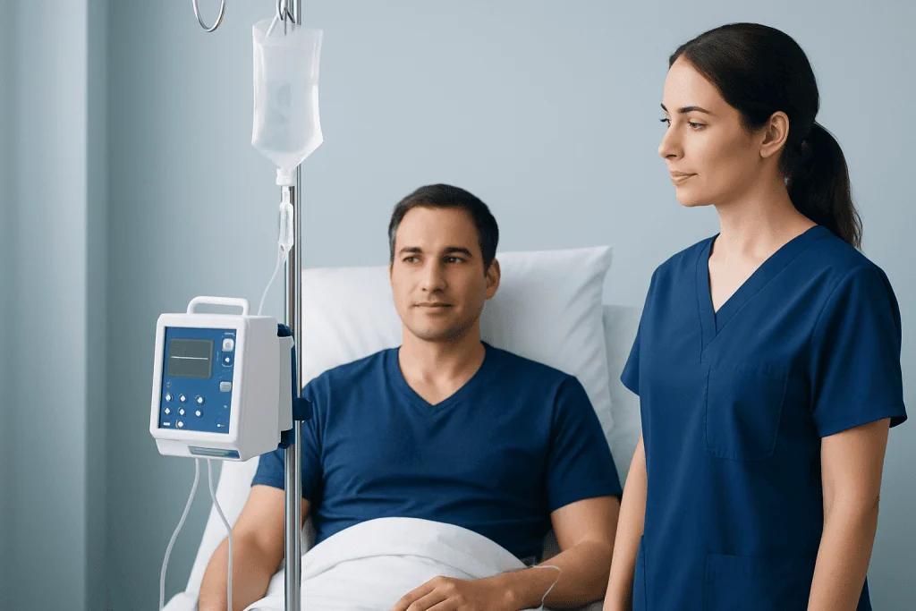 Patient receiving IV therapy in hospital room with nurse nearby.