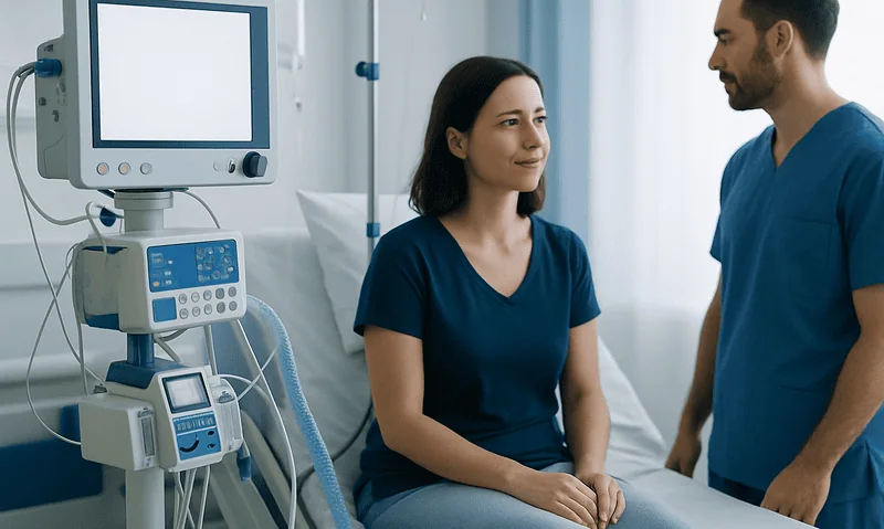 Patient and doctor in hospital room with medical equipment.