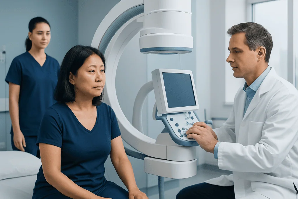 Medical professional conducts nerve test on patient in hospital.