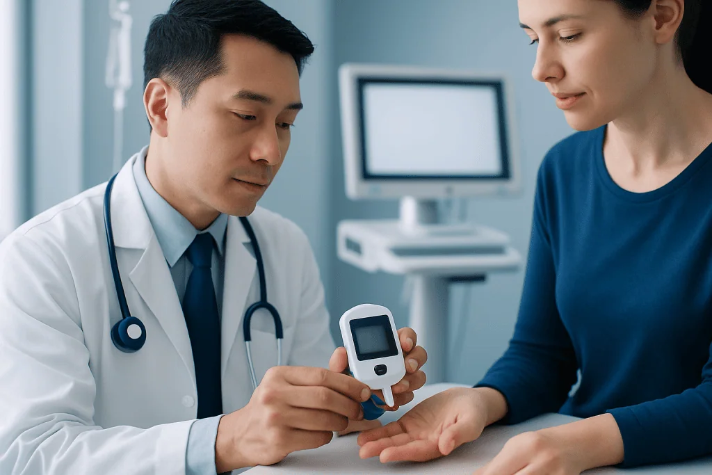 Doctor checking blood sugar levels of a patient in a clinical setting.