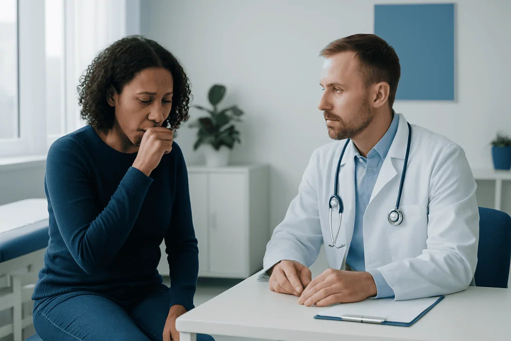 Patient consulting doctor about symptoms in a medical office setting.