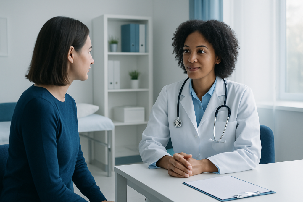 Doctor consulting with a patient in a modern medical office.