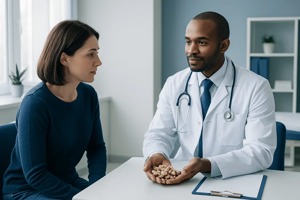 Doctor discussing health with a female patient in a clinic setting.