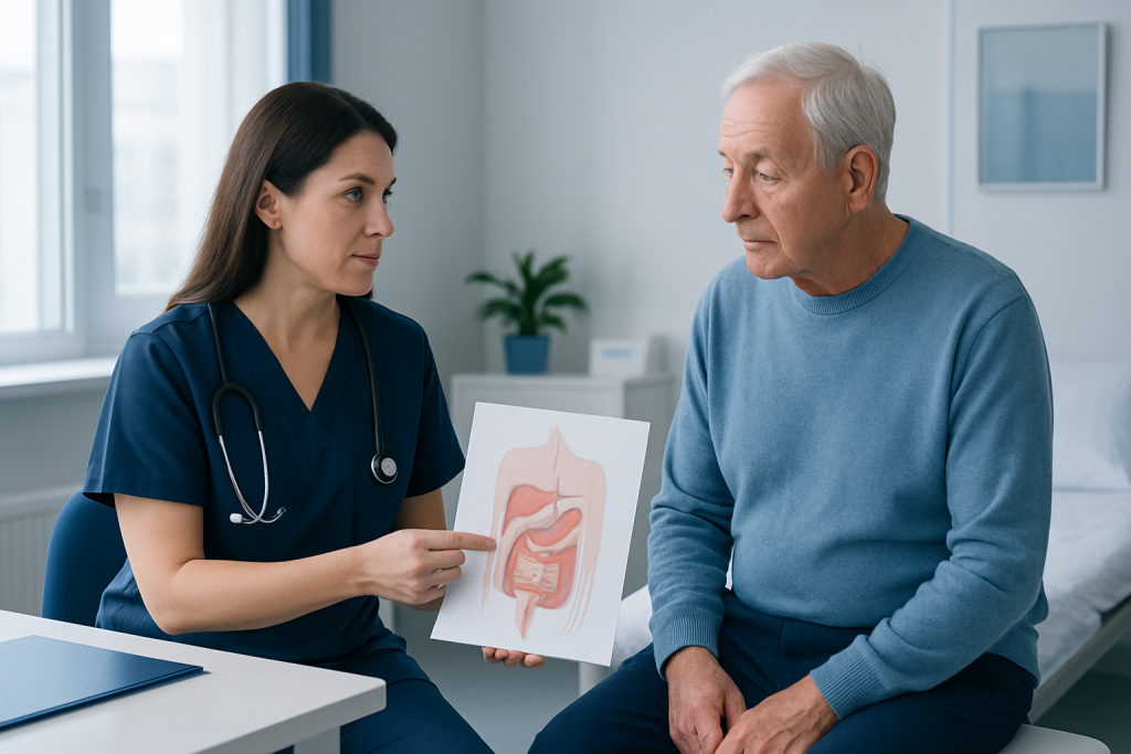 Doctor explaining gastrointestinal anatomy to elderly patient with diagram.