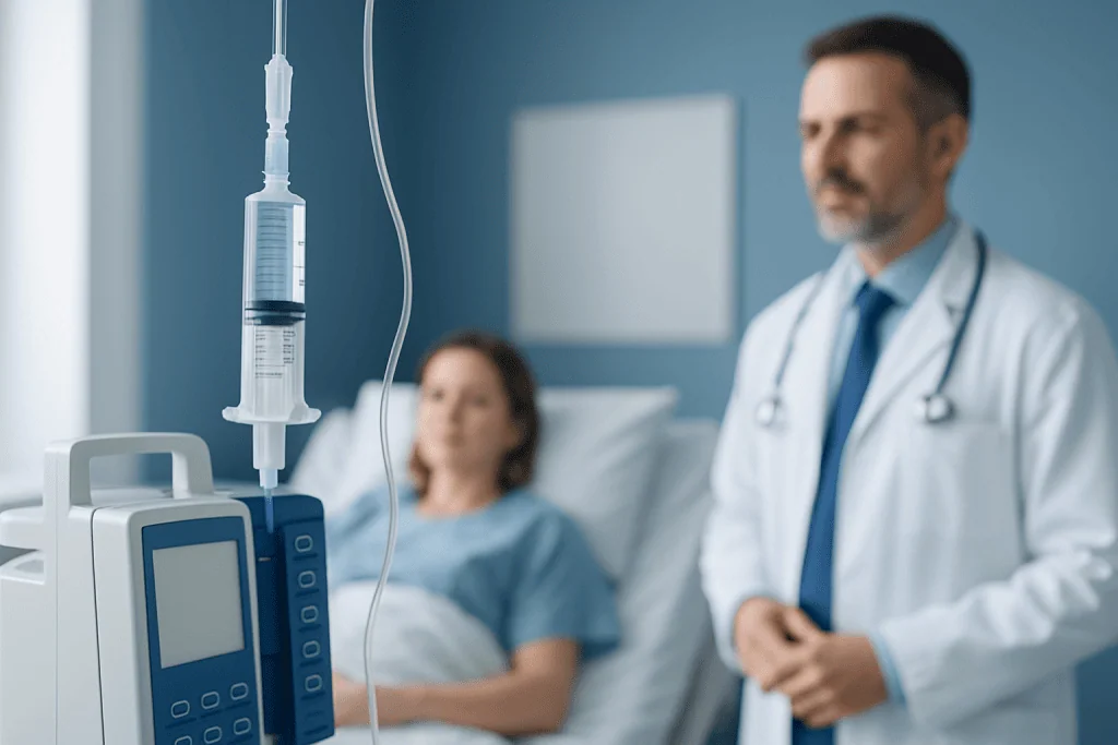Doctor and patient in hospital room with IV drip and medical equipment.