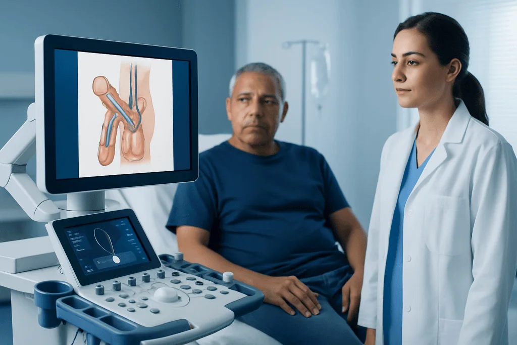 Medical consultation on penile implants with doctor and patient in clinic.