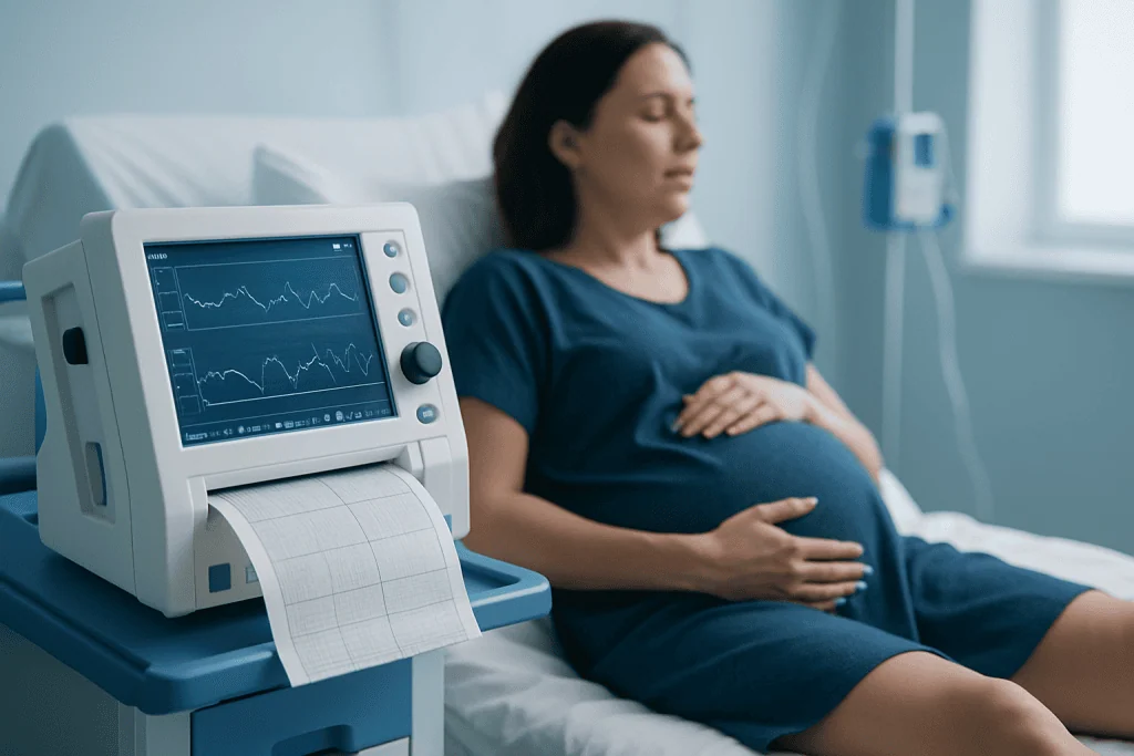 Pregnant woman undergoing fetal monitoring in hospital room.