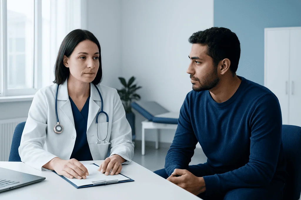 Doctor consulting with a patient in a modern medical office.