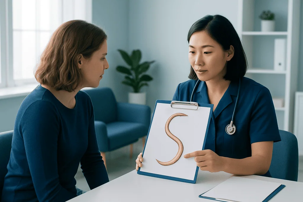 Doctor explains Ascaris worm to patient in a medical consultation.