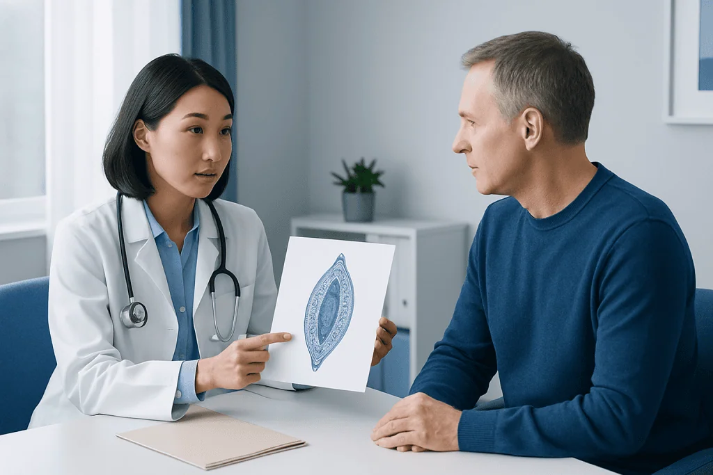 Doctor explaining liver fluke diagram to patient in consultation room.
