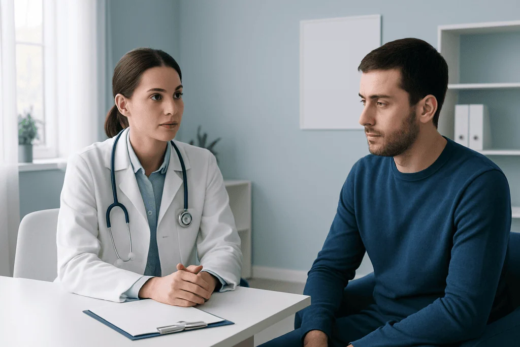 Doctor consulting with male patient in a medical office setting.
