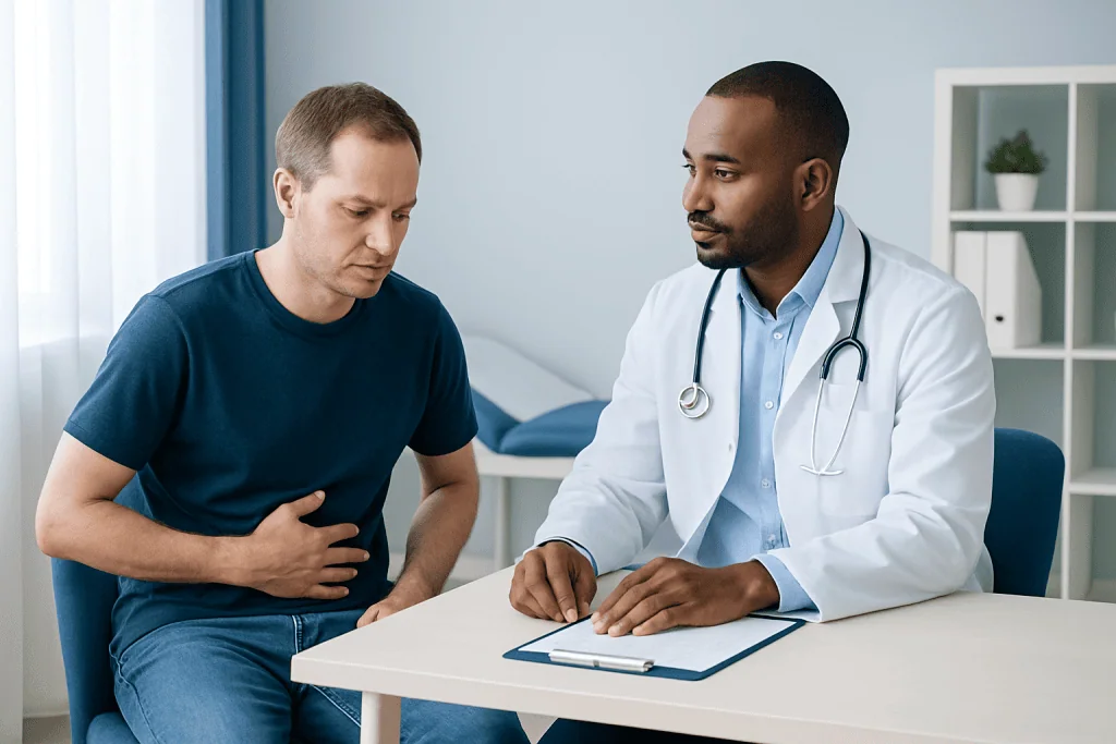Doctor consulting with male patient about health concerns in a clinic setting.