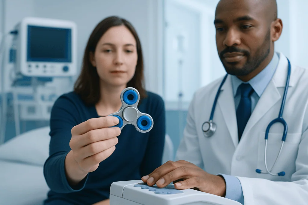 Doctor and patient examining a fidget spinner in a medical setting.