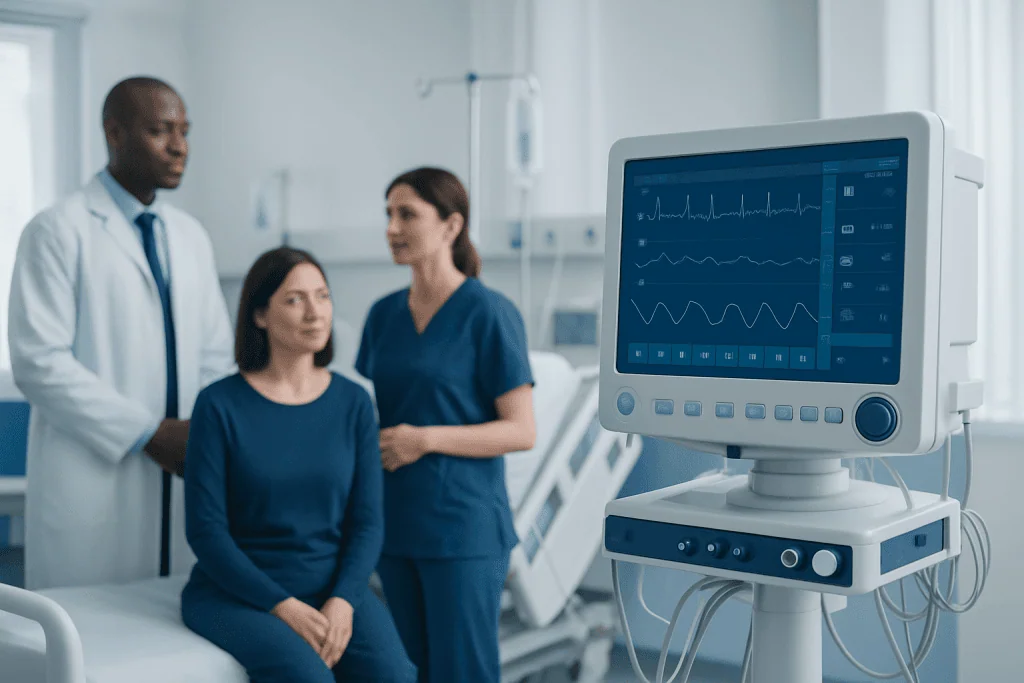 Medical team monitoring patient with ECG in hospital setting.